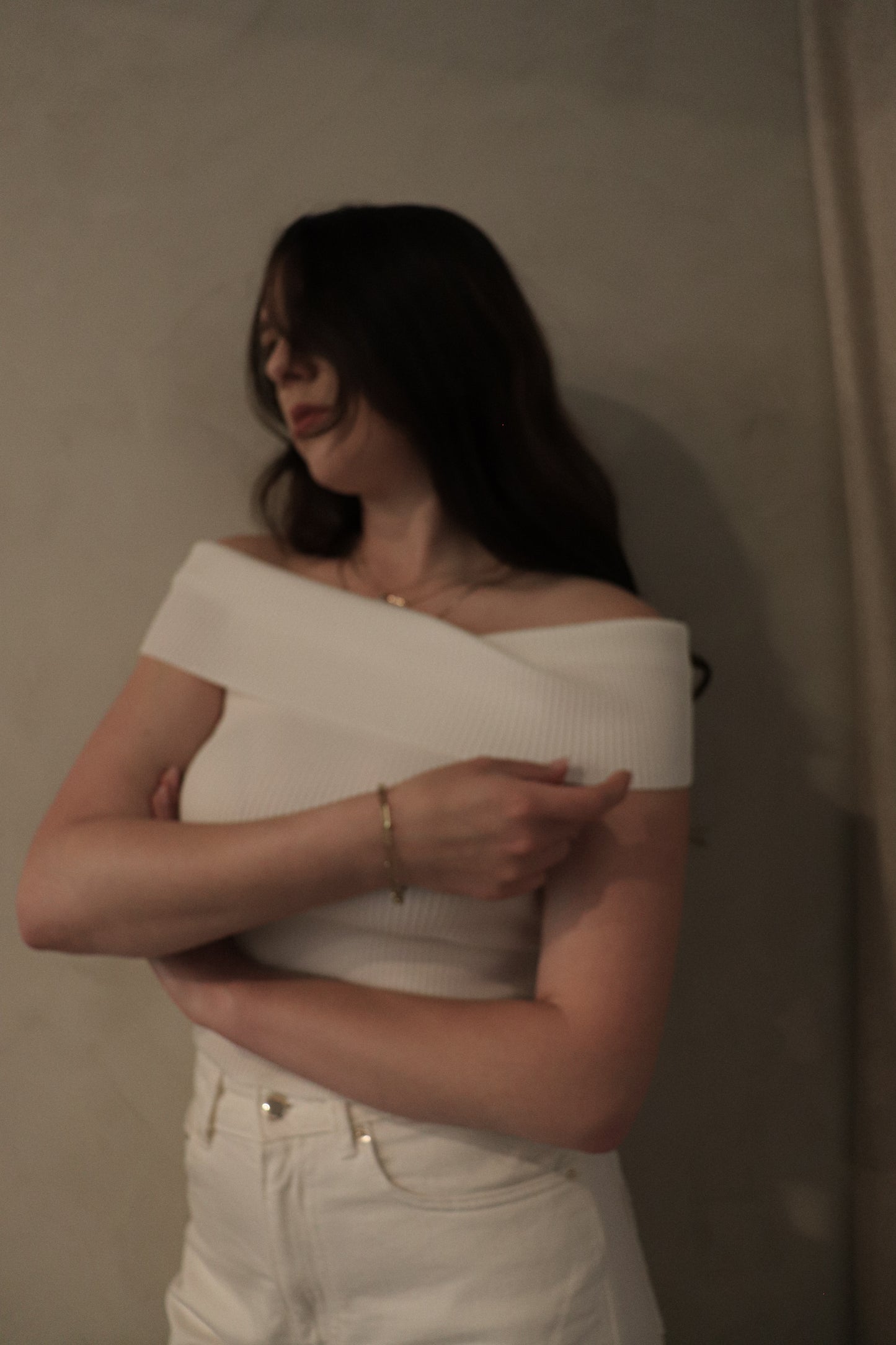 Off Shoulder Knit Top - White