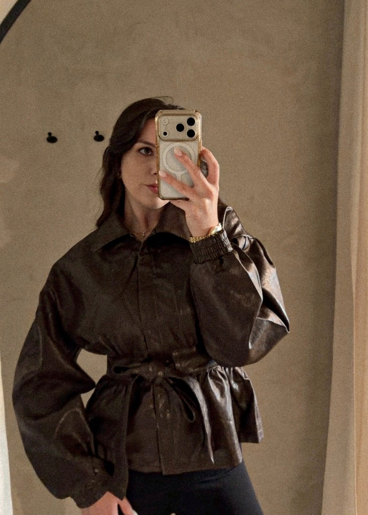 Belted Pleather Jacket - Brown