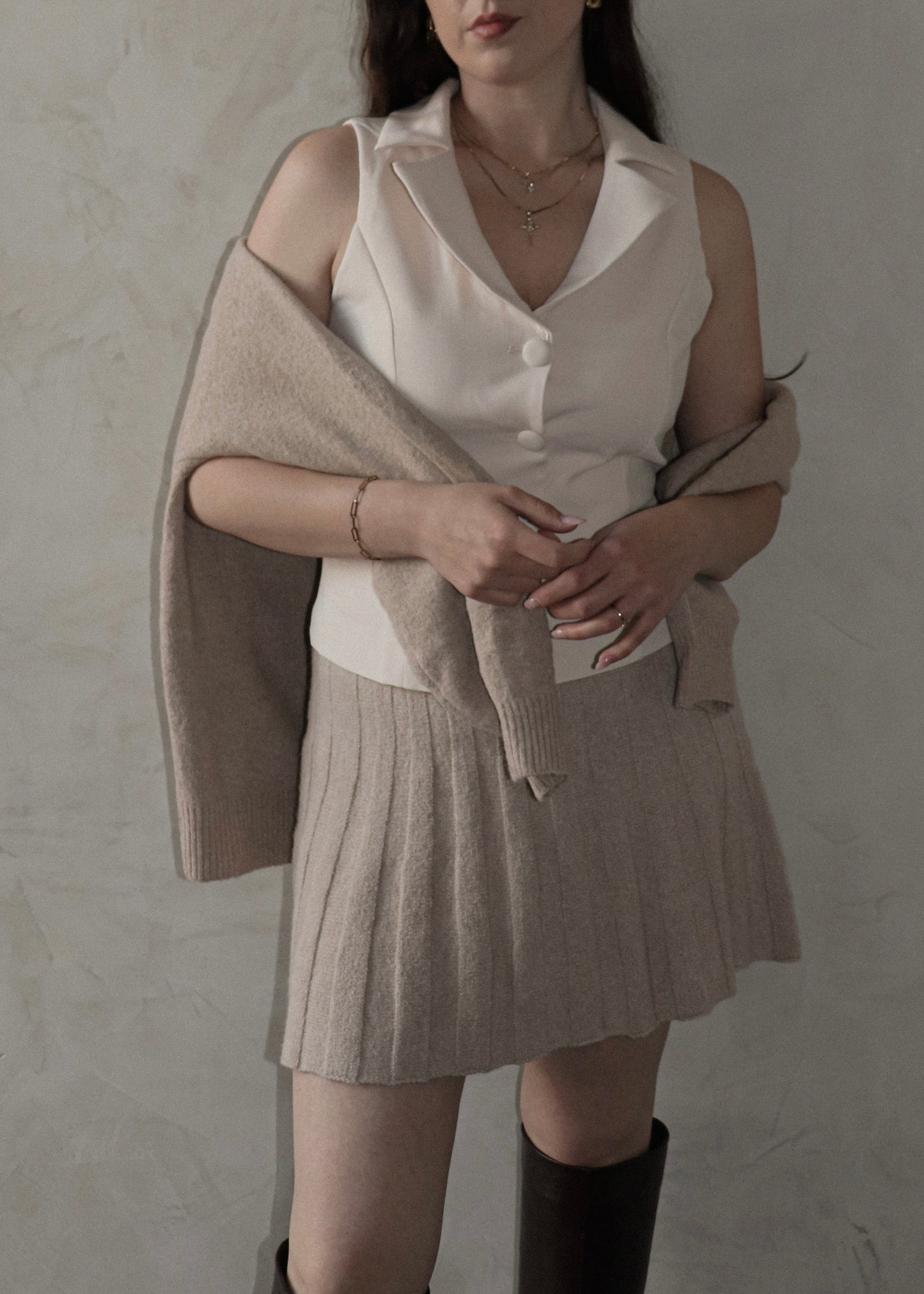 Pleated Mini Skirt - Taupe