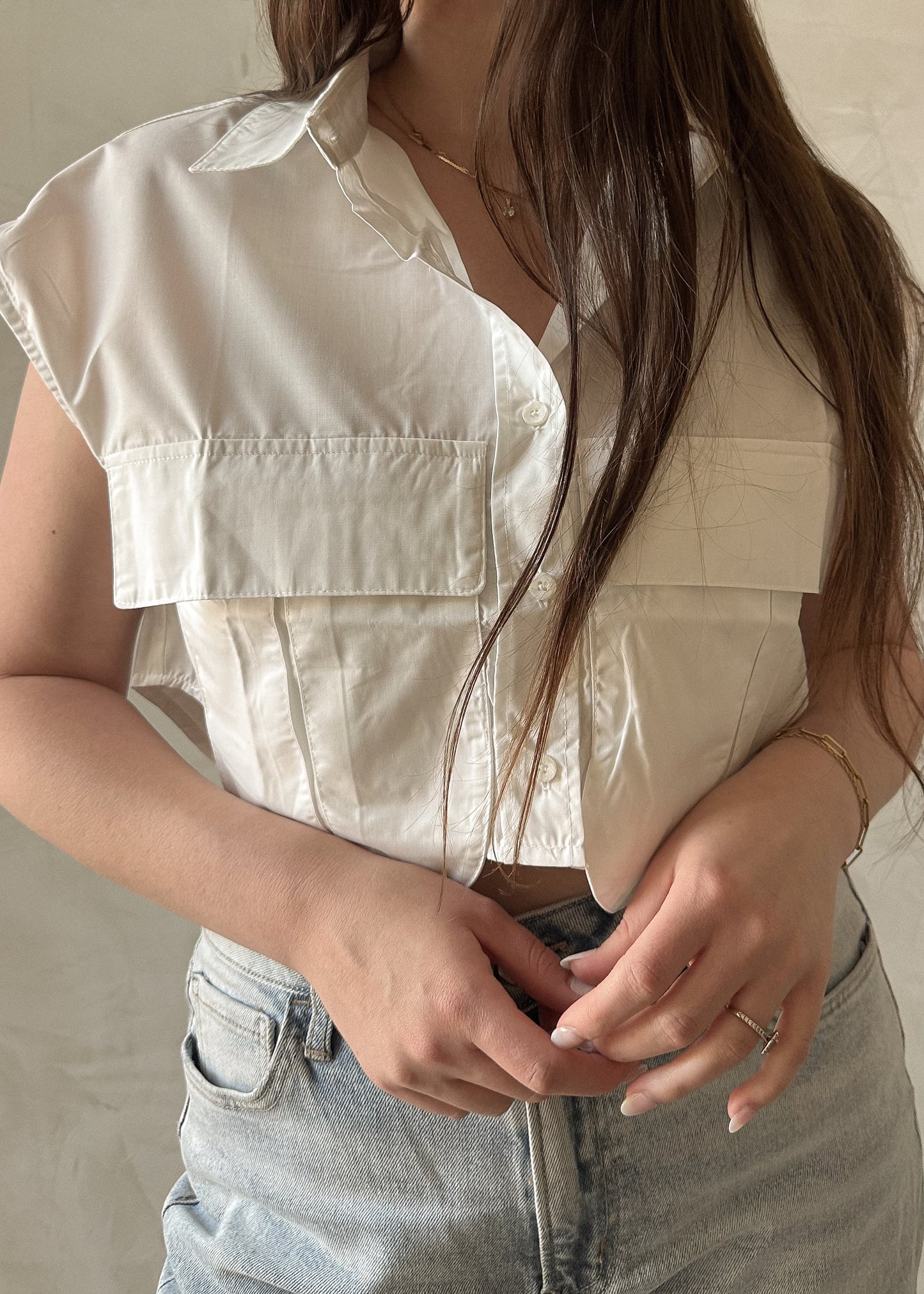 Sleeveless Button Up - White