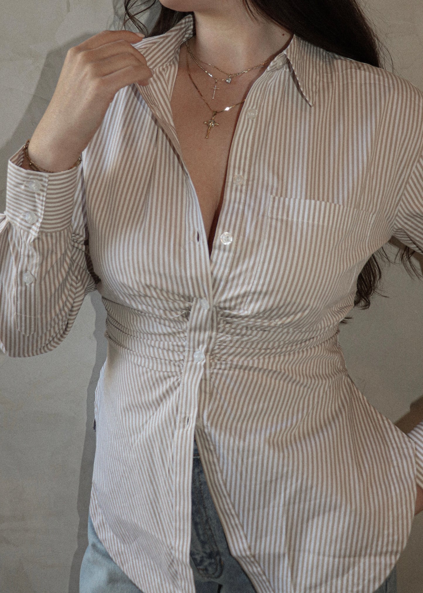 Cinched Button Up - Striped Khaki