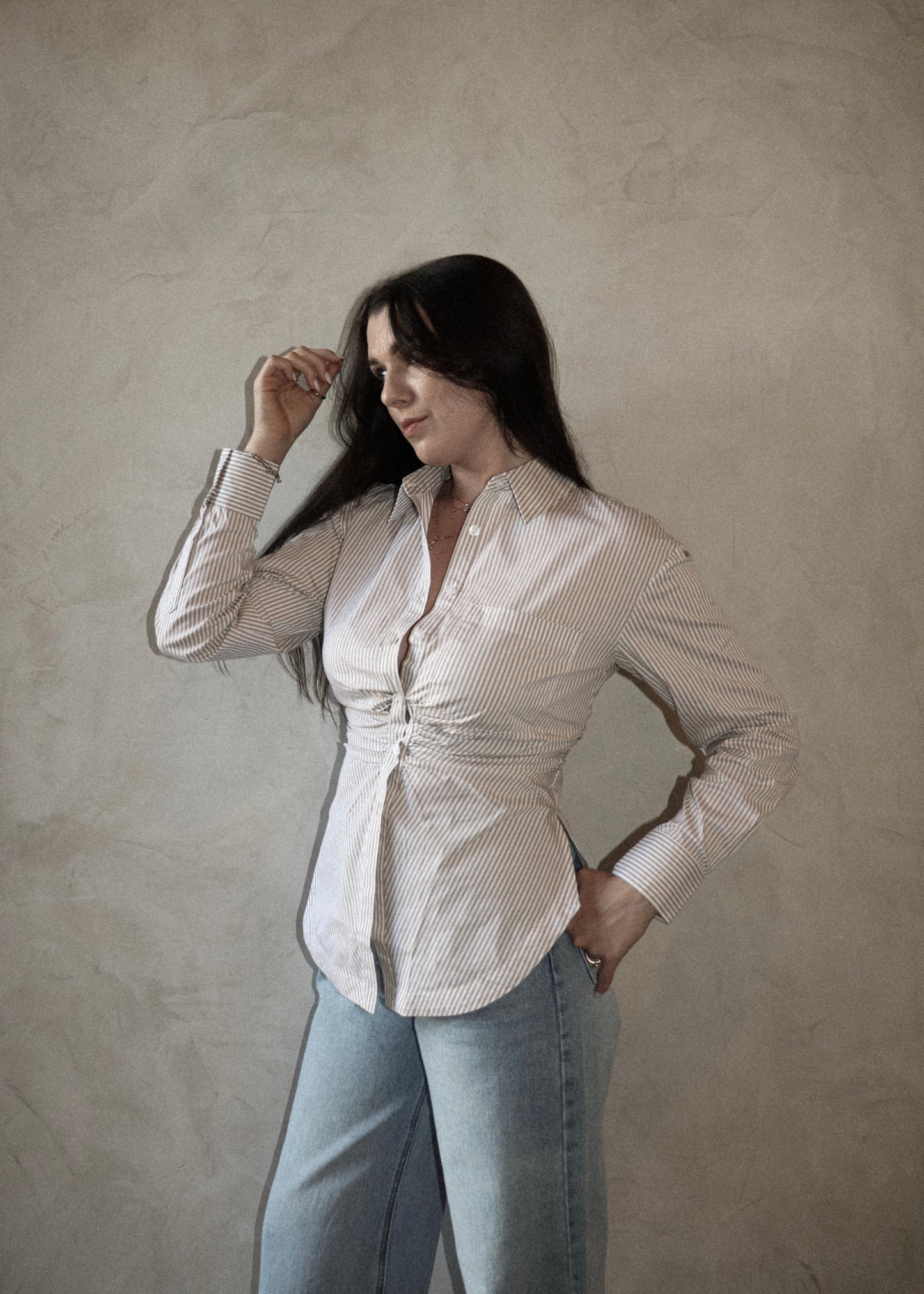 Cinched Button Up - Striped Khaki