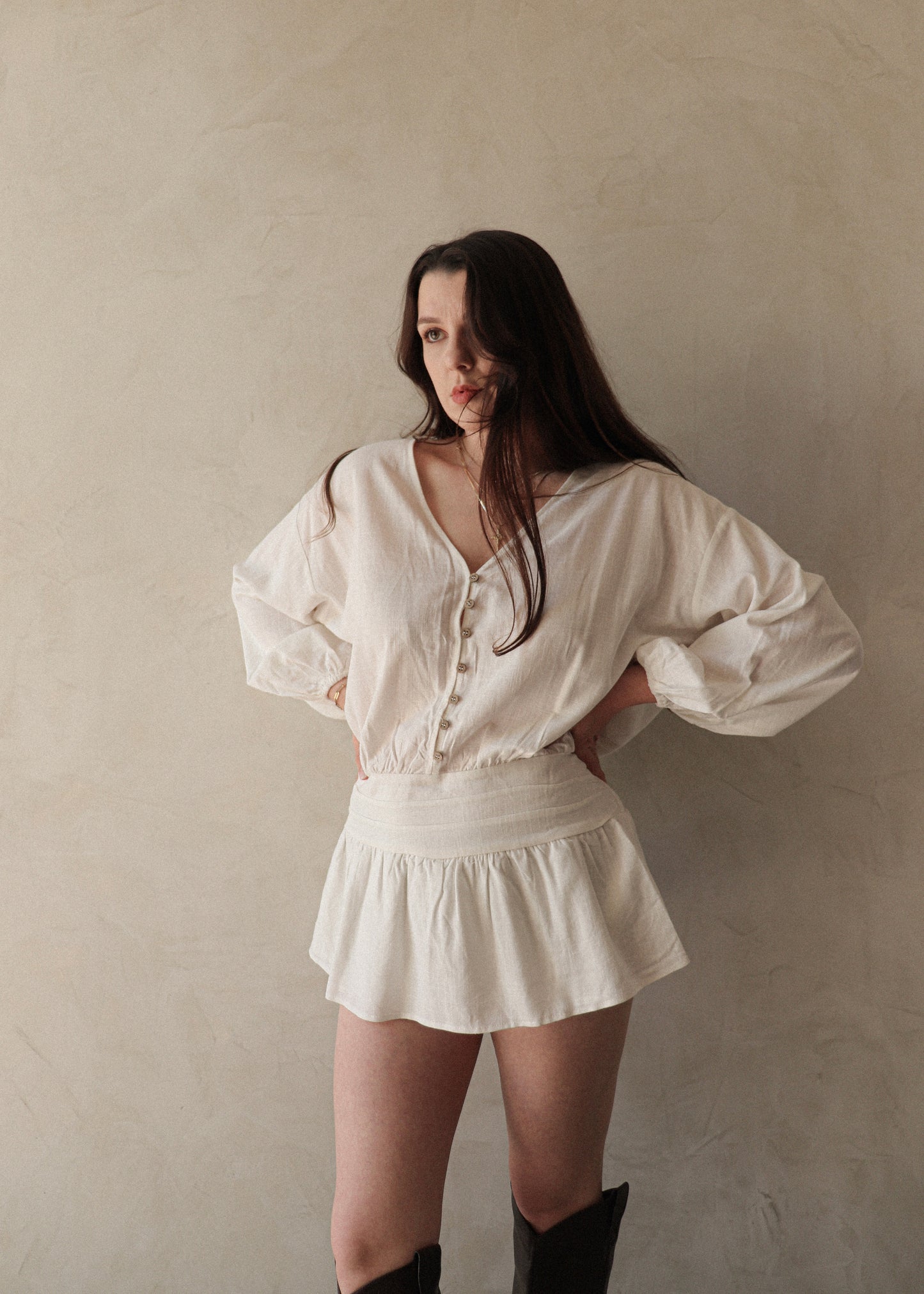 Linen Long Sleeve Romper - Off White