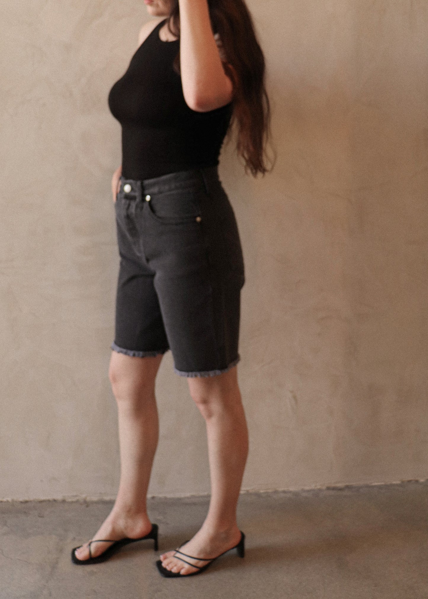 Long Denim Shorts - Washed Black