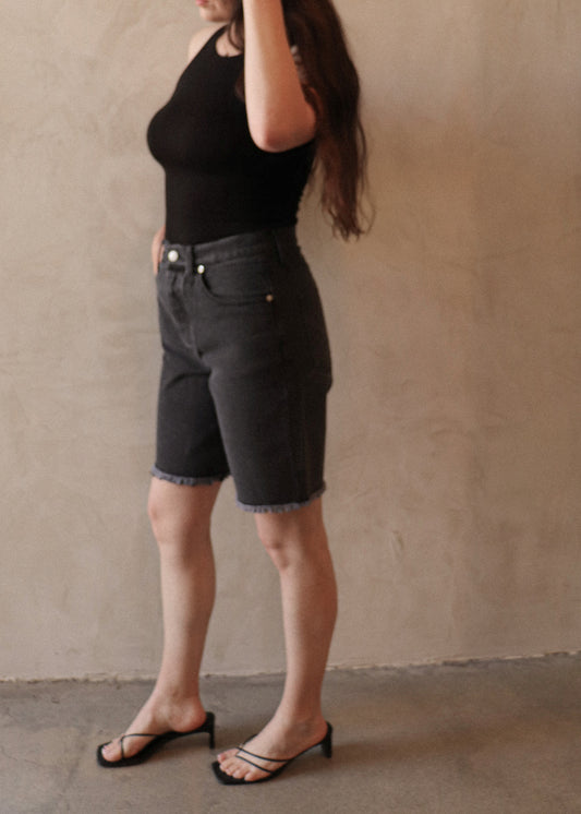 Long Denim Shorts - Washed Black