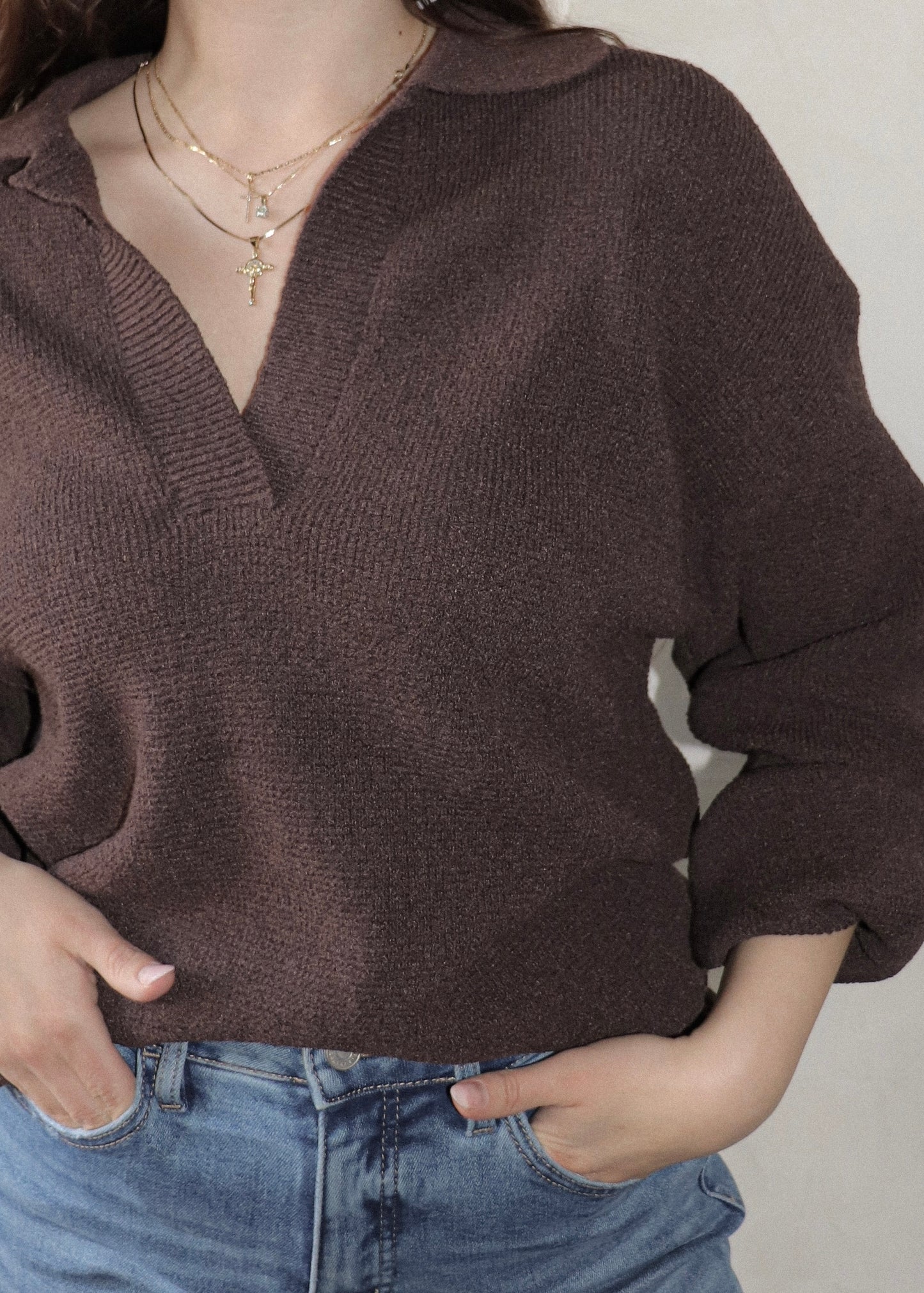 Ribbed Collared Sweater - Brown