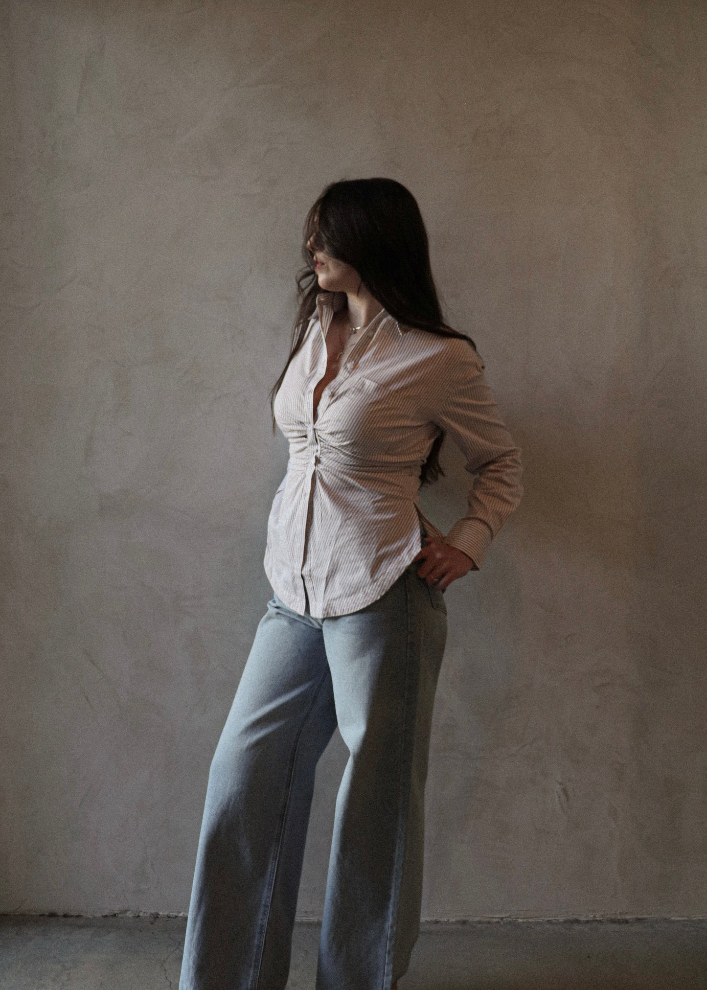 Cinched Button Up - Striped Khaki