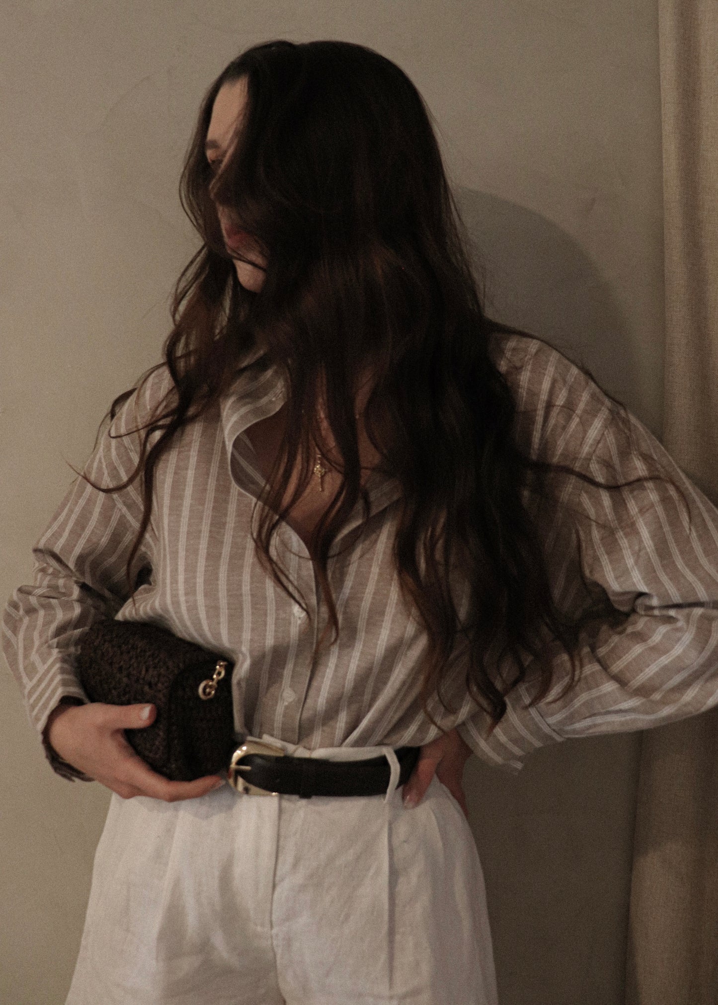 Linen Button Up - Striped Mocha