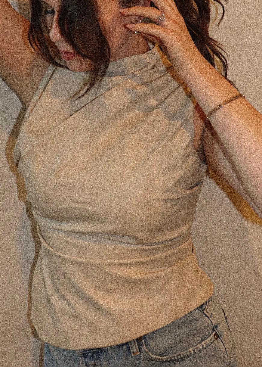 Asymmetric Pleather Mock Neck - Nude