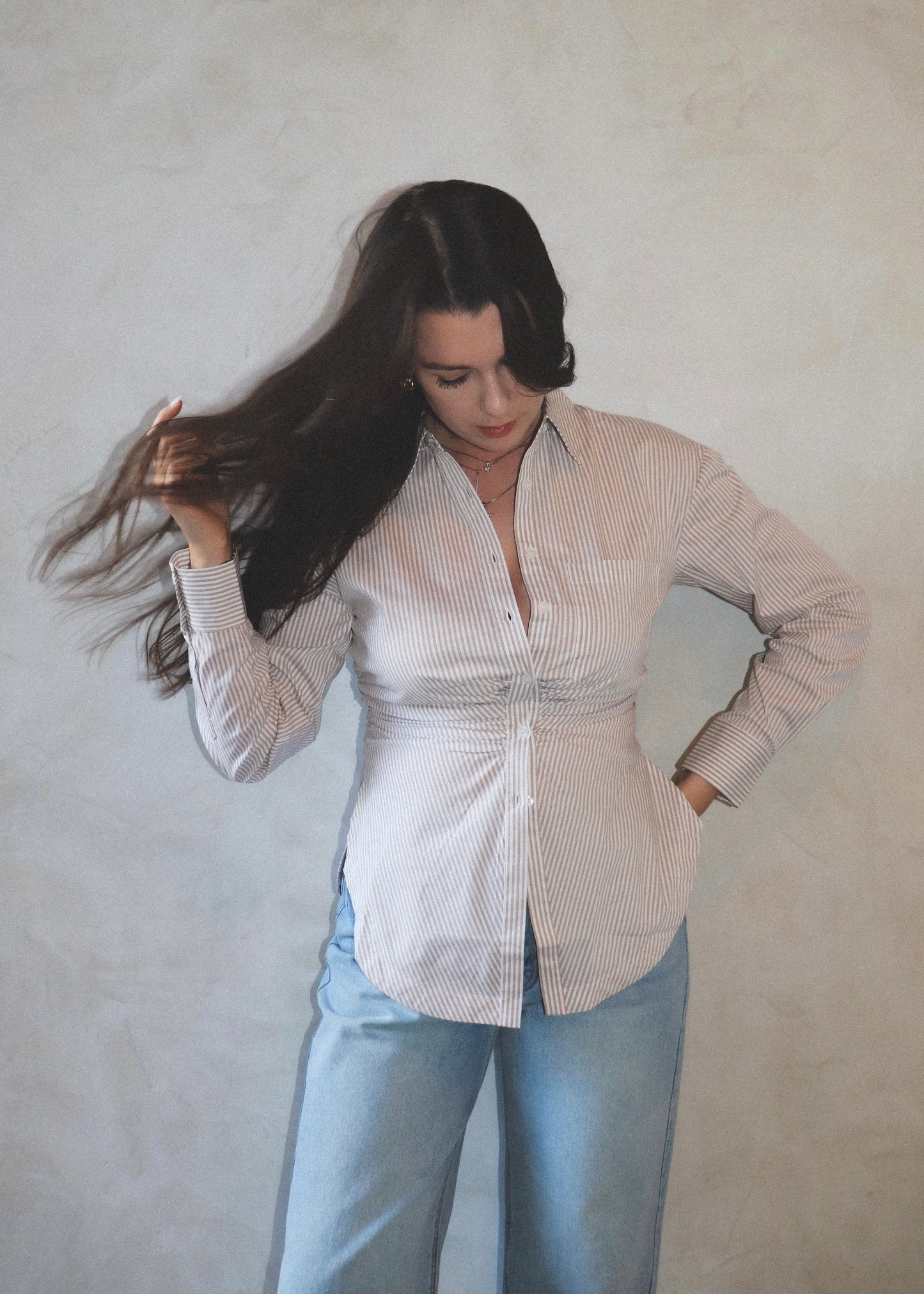 Cinched Button Up - Striped Khaki