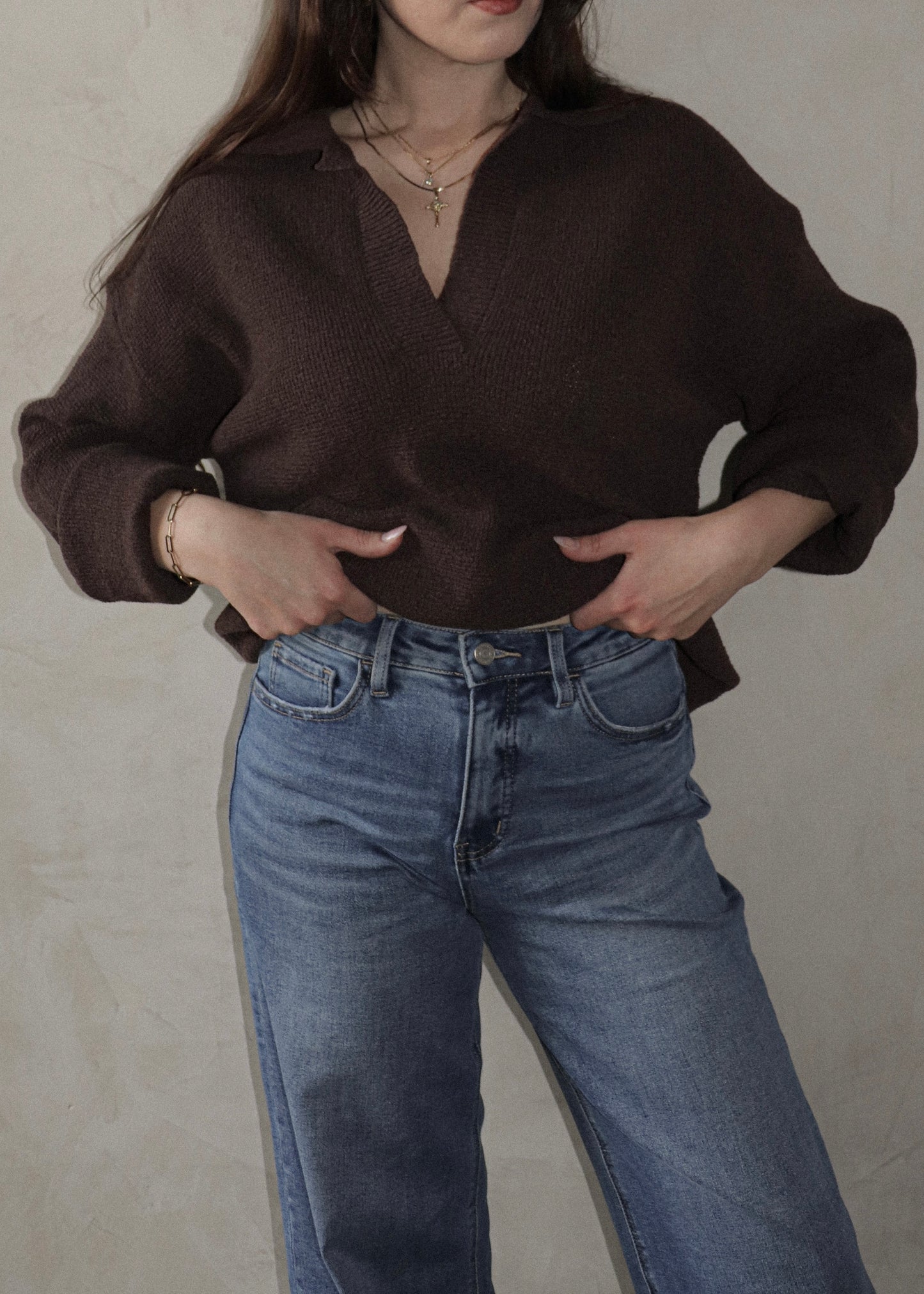 Ribbed Collared Sweater - Brown