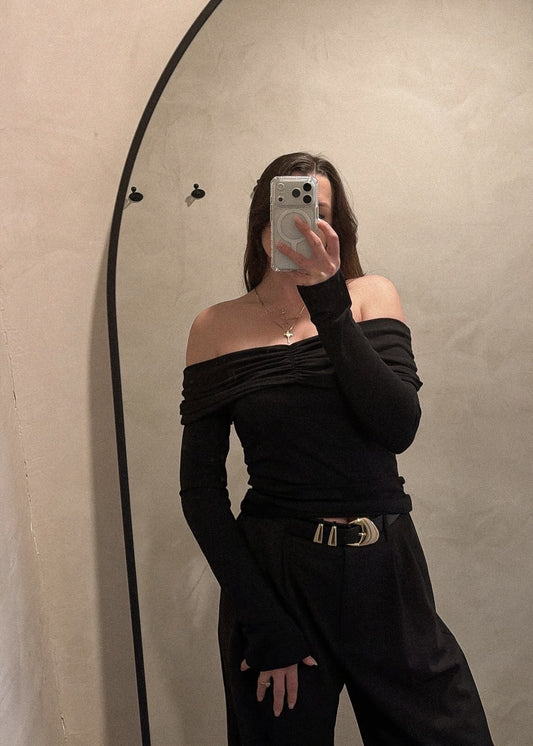Off Shoulder Knit Top - Black
