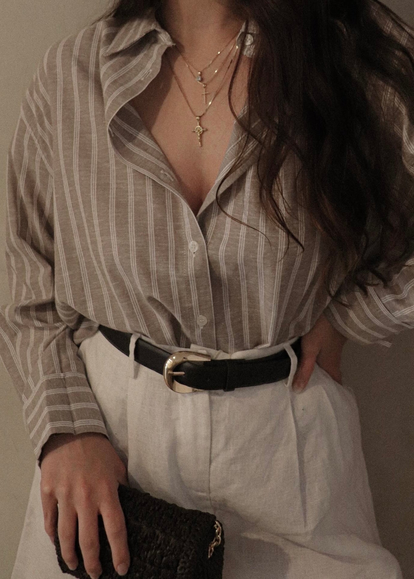 Linen Button Up - Striped Mocha