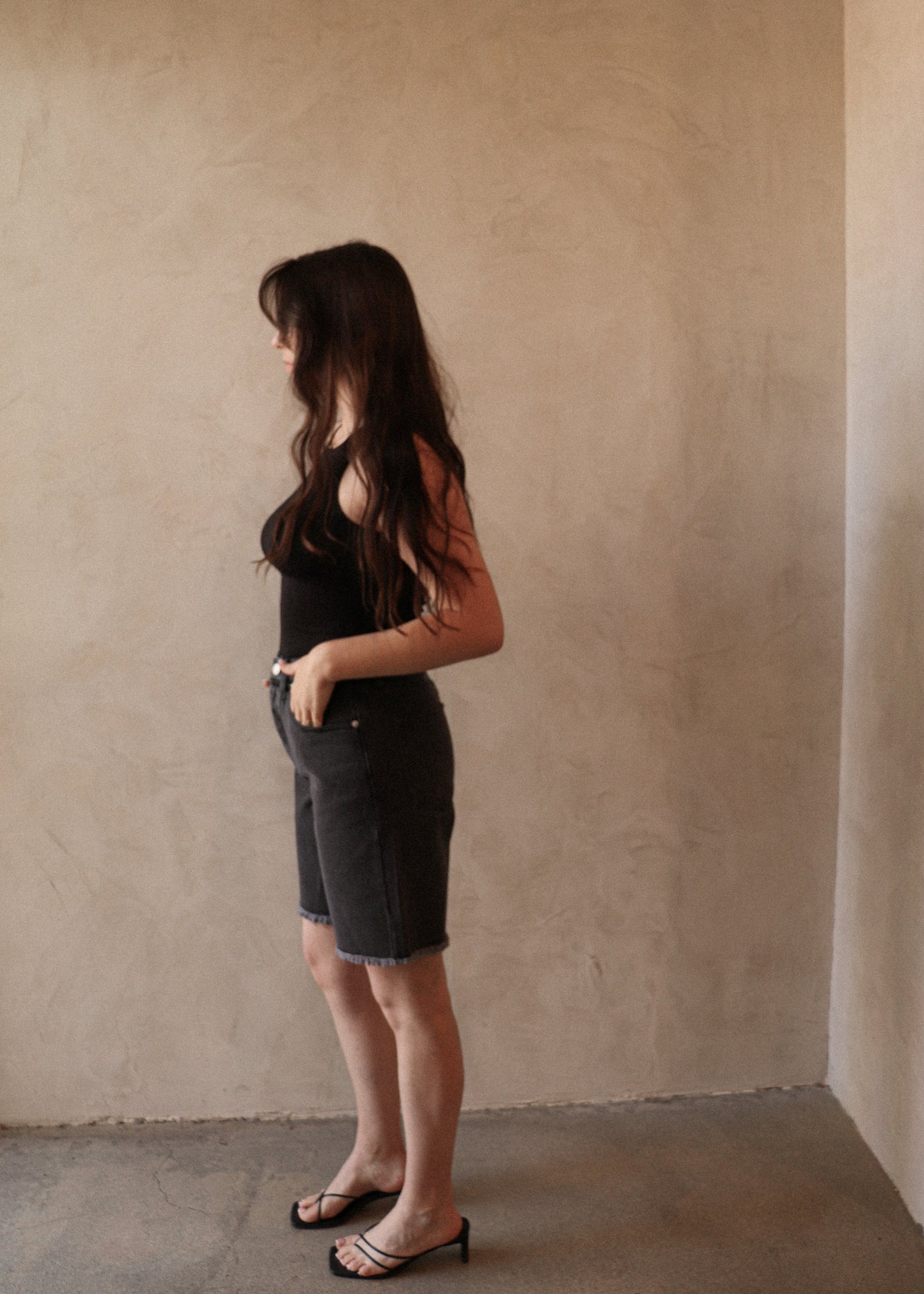 Long Denim Shorts - Washed Black