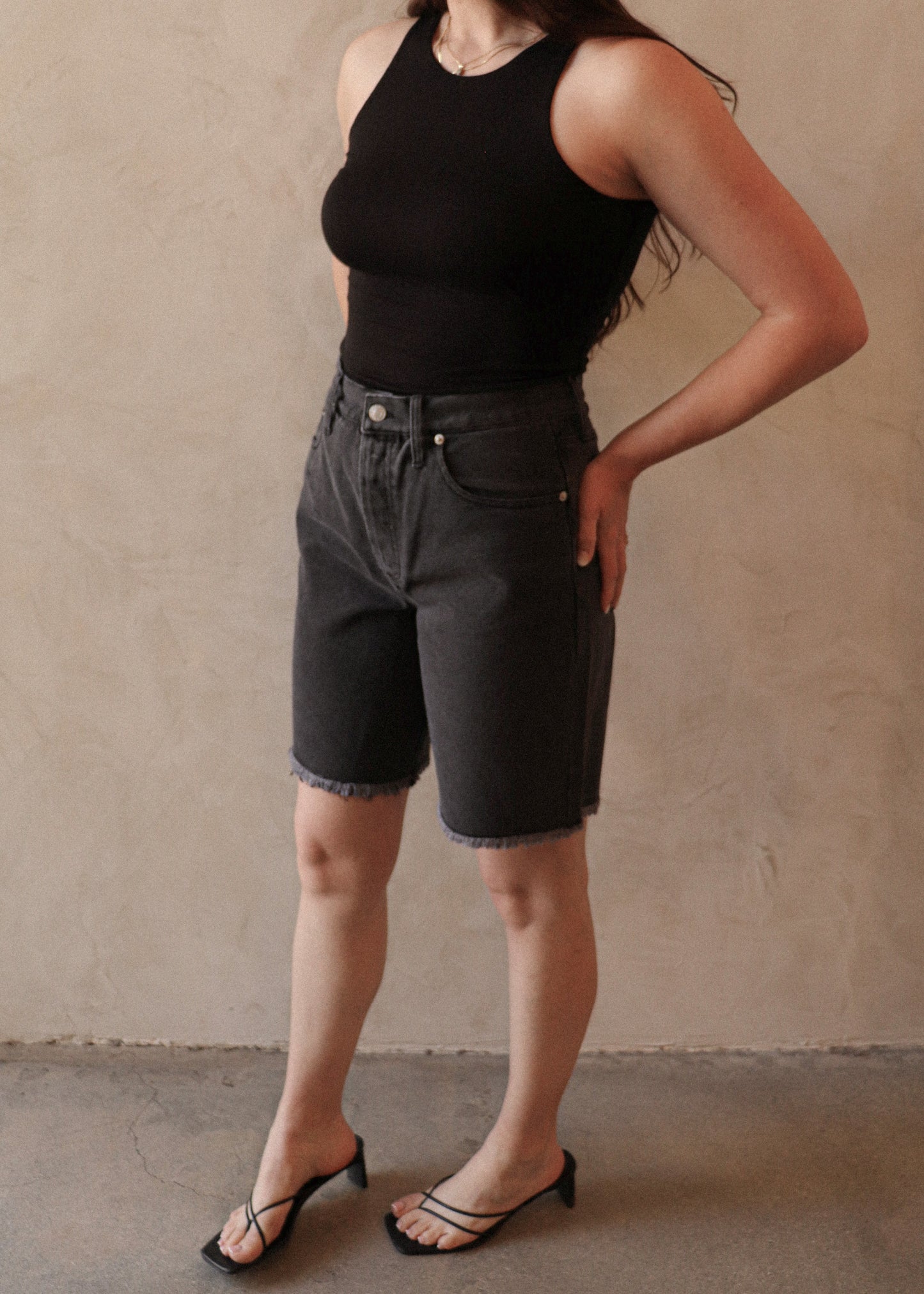 Long Denim Shorts - Washed Black