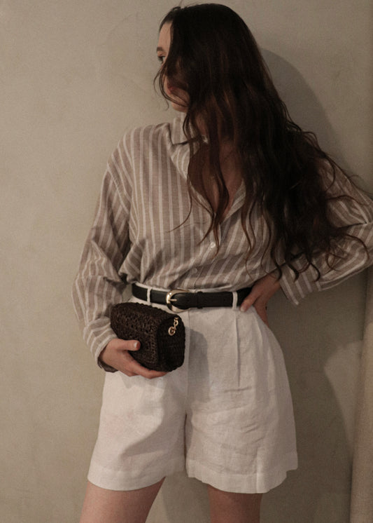 Linen Button Up - Striped Mocha