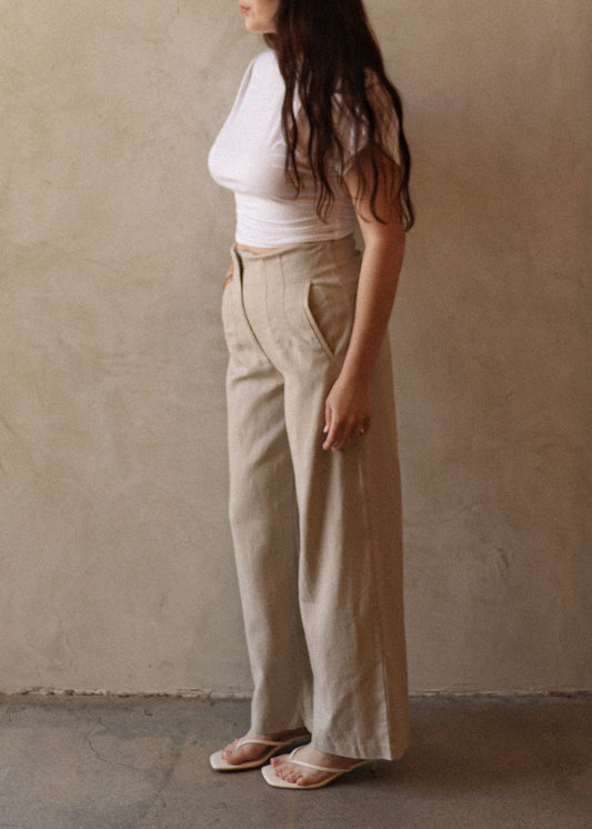 High Waisted Linen Trousers - Sand