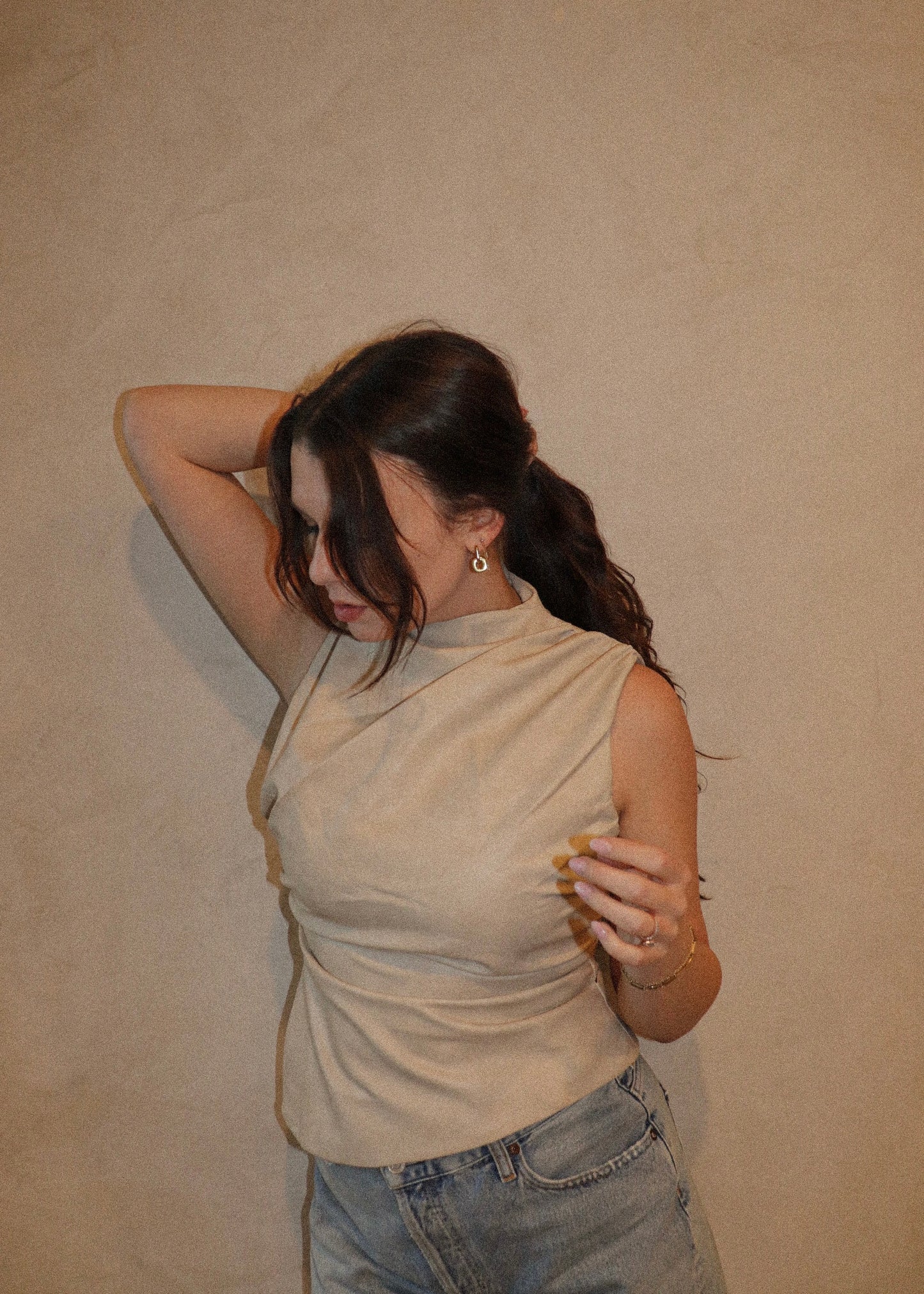 Asymmetric Pleather Mock Neck - Nude