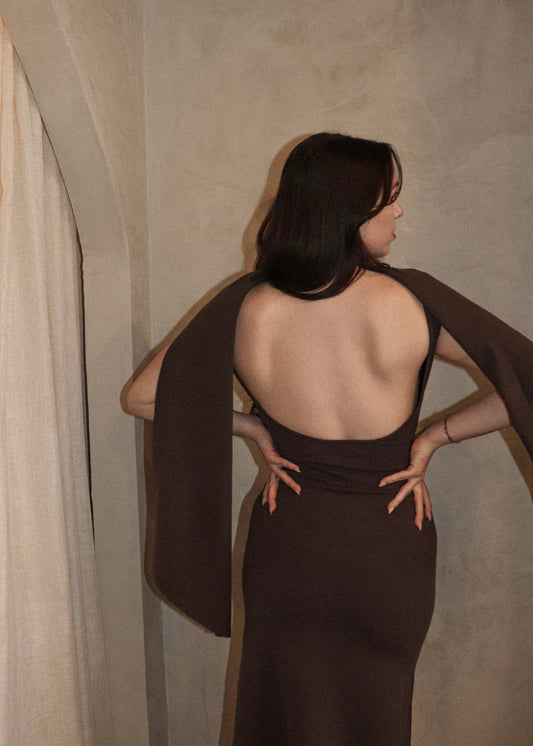 Knit Backless Scarf Dress - Brown