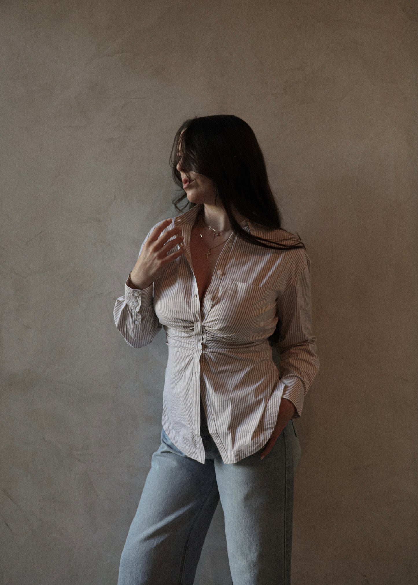 Cinched Button Up - Striped Khaki