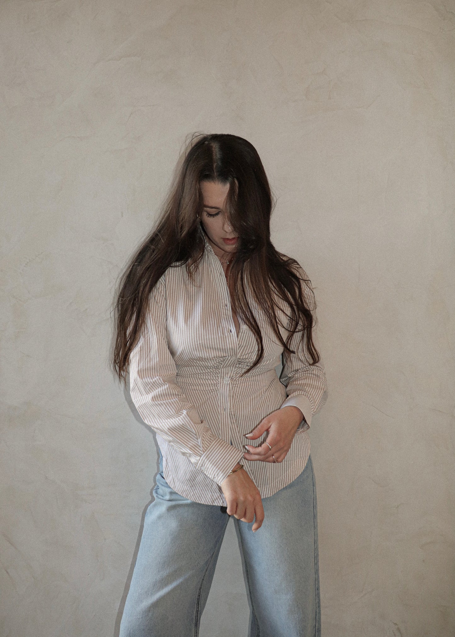 Cinched Button Up - Striped Khaki