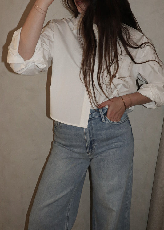 Cropped Button Down - White