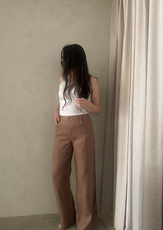 Wide Leg Linen Pants - Mocha