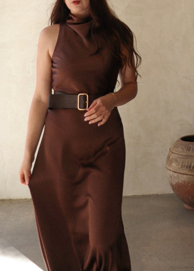 Belted Midi Dress - Brown
