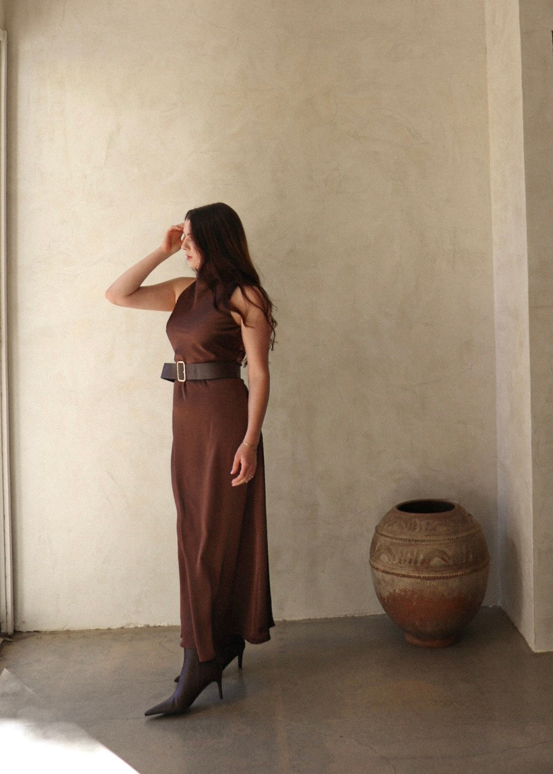 Belted Midi Dress - Brown