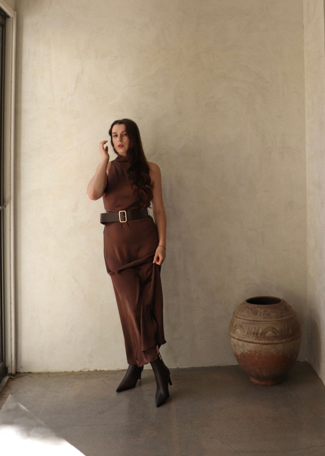 Belted Midi Dress - Brown