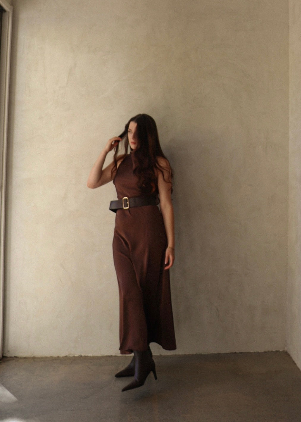 Belted Midi Dress - Brown