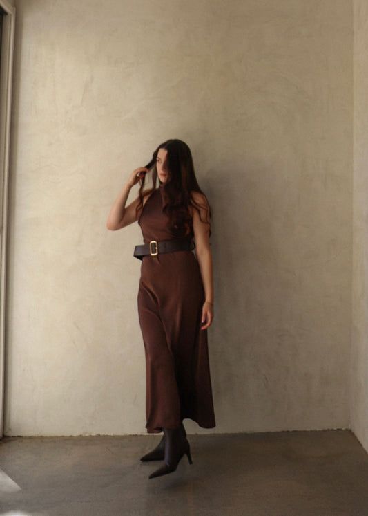 Belted Midi Dress - Brown