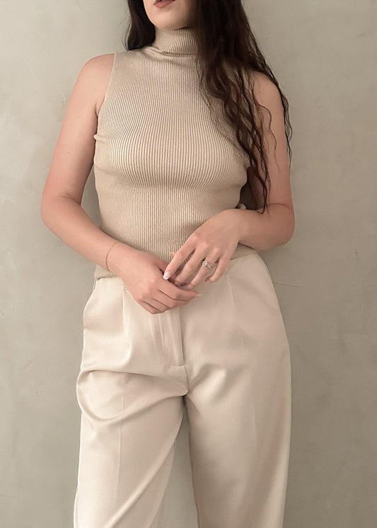 Sleeveless Turtleneck Top - Beige