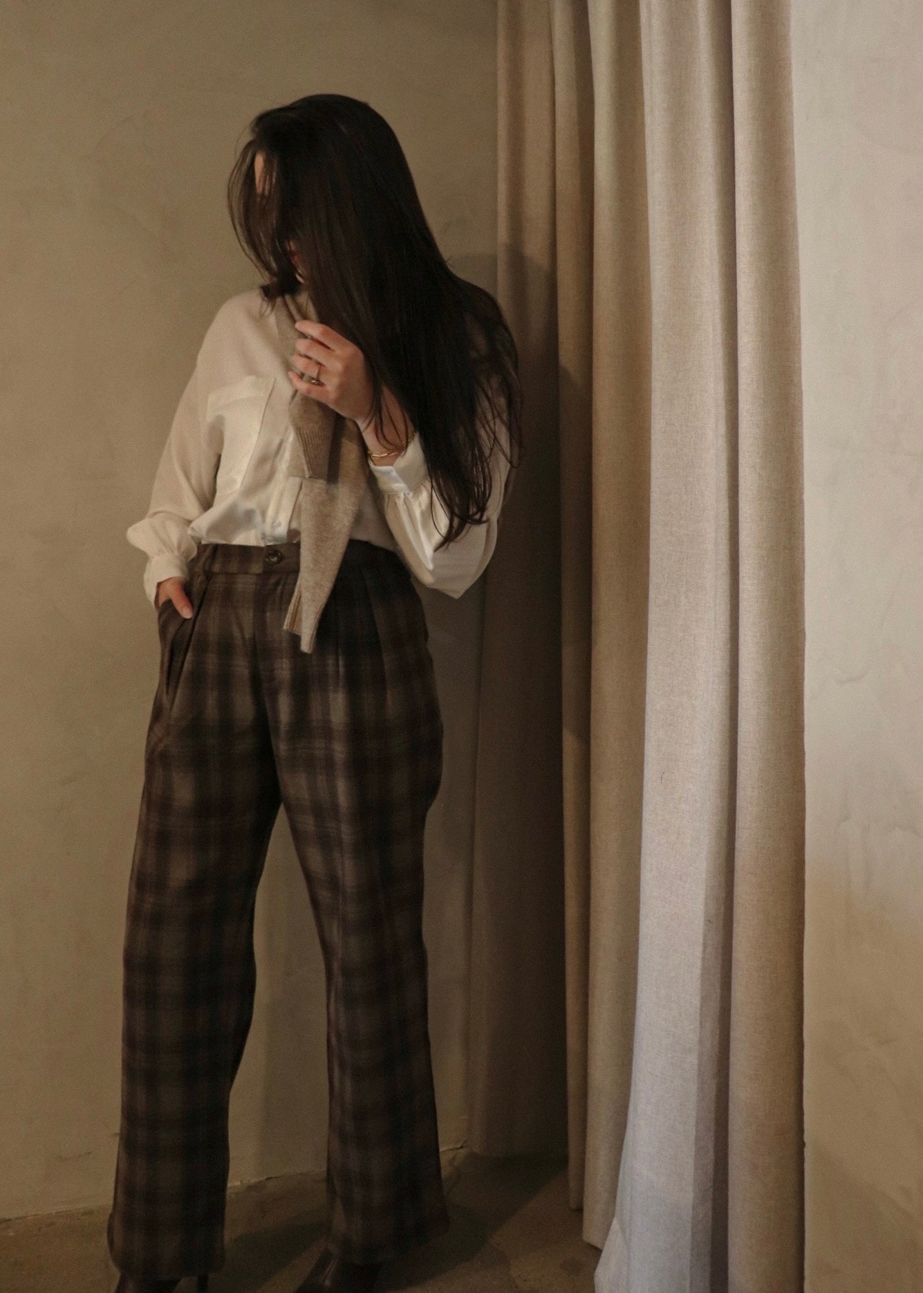 Wool Plaid Pants - Brown