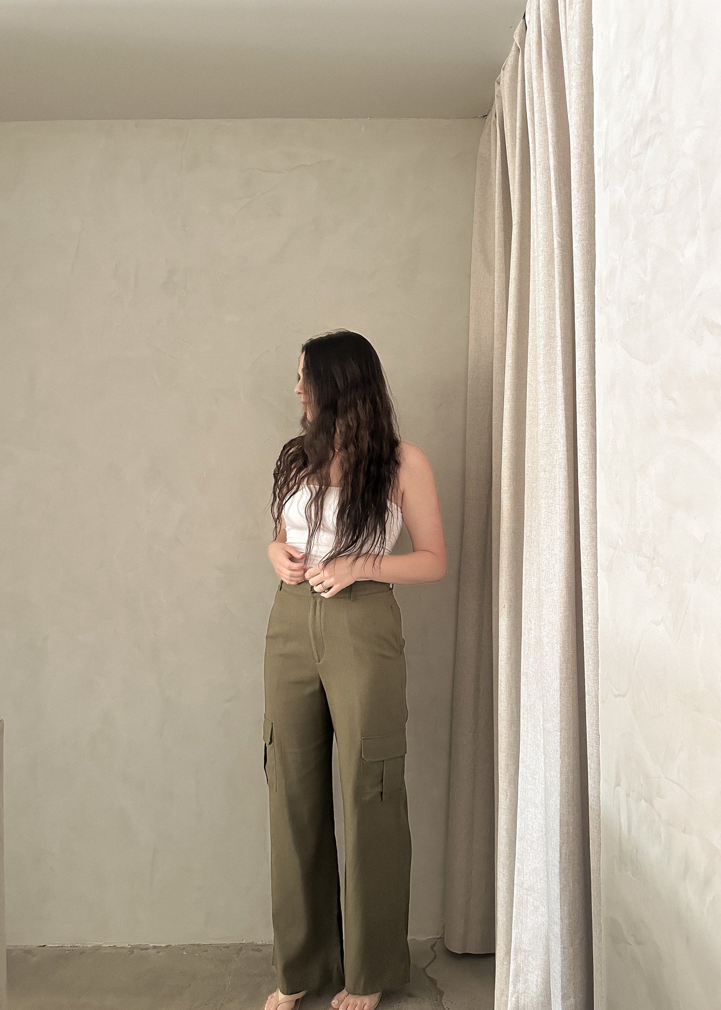 Linen Cargo Pants - Dark Olive