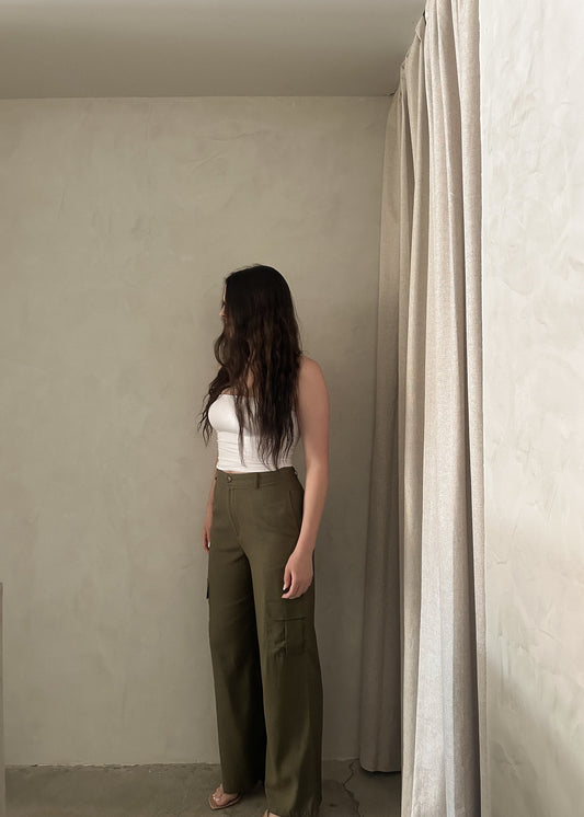 Linen Cargo Pants - Dark Olive