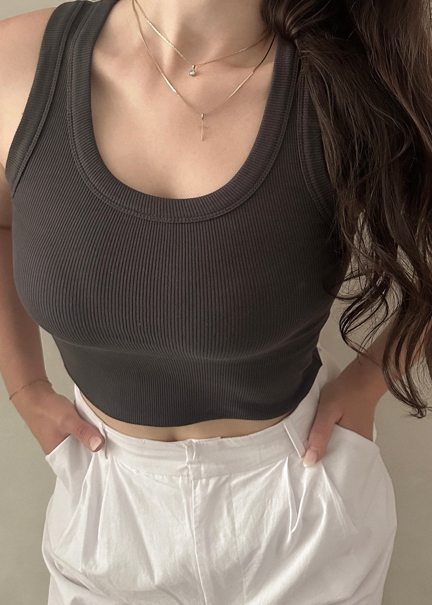 Ribbed Cropped Tank - Charcoal